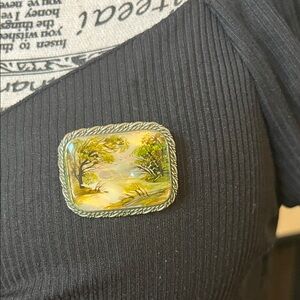 Vintage Rare Russian Fedoskino hand painted Landscape Brooch with Silver Trim